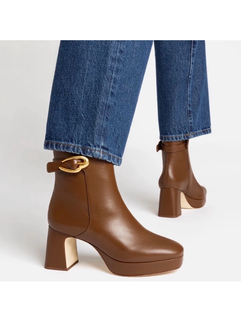 Larroude Brown Leather Platform Ankle Boots with Gold Buckle Accent